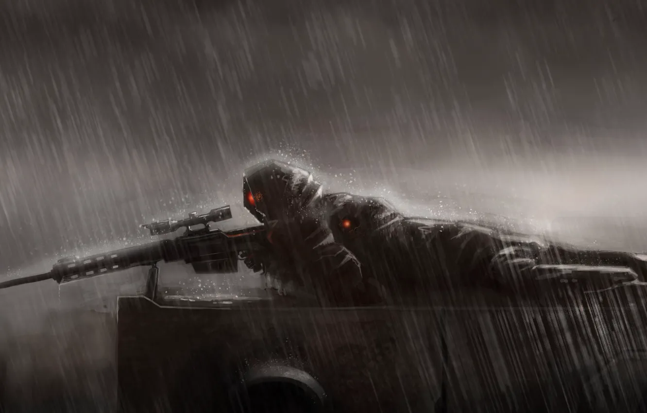 Photo wallpaper rain, art, lies, sniper, rain, position, sniper rifle, sniper