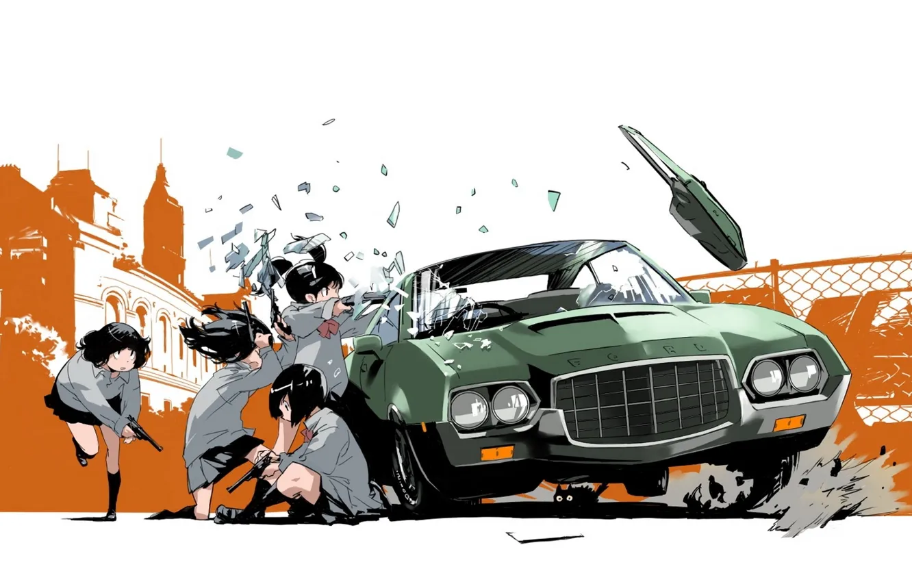 Photo wallpaper white, fragments, weapons, background, street, building, schoolgirl, car