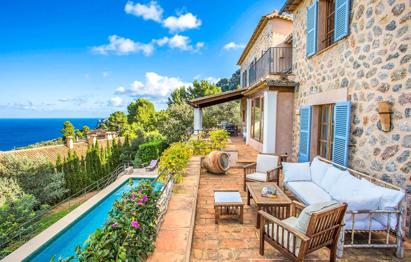 Photo wallpaper sea, sofa, Villa, chair, pool, Spain, Mallorca, View Puerto Pollensa Mallorca