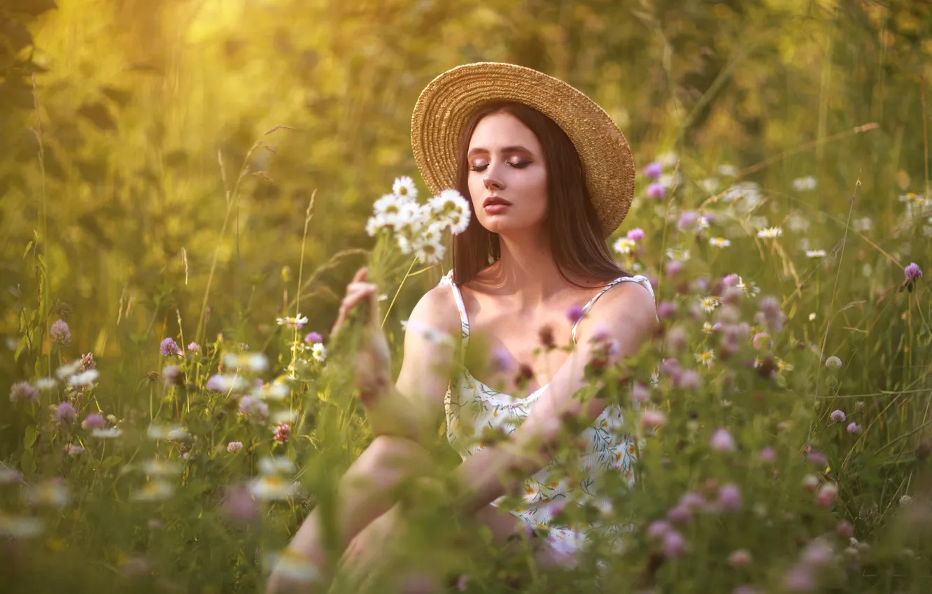 Photo wallpaper summer, girl, flowers, pose, hat, makeup, meadow, long hair