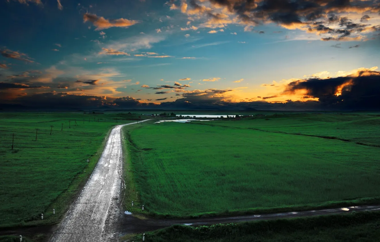 Photo wallpaper road, field, the sky, landscape, sunset