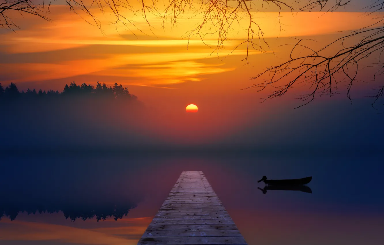 Photo wallpaper forest, the sun, sunset, fog, lake, boat, the evening, the bridge