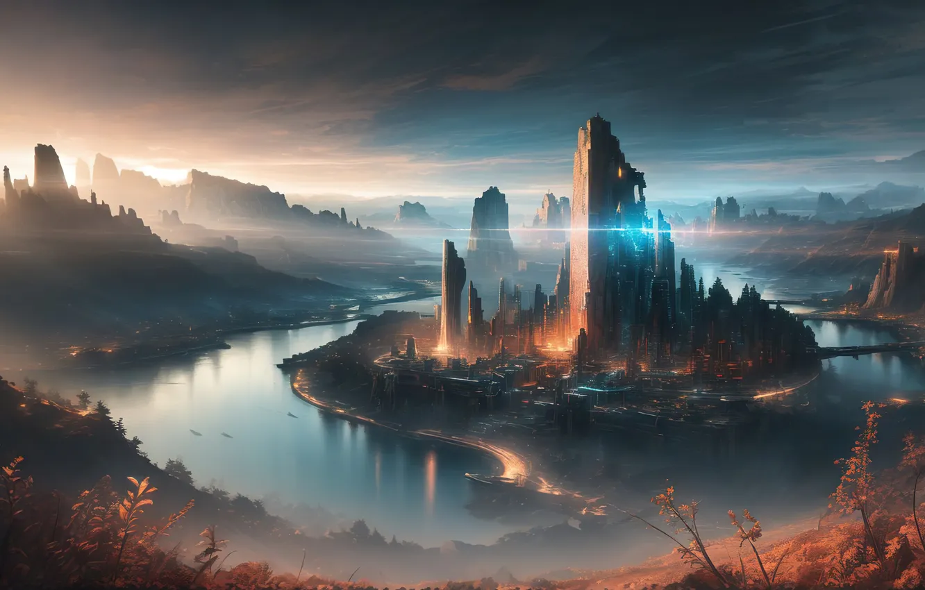 Photo wallpaper river, sky, landscape, art, fantastic, digital art, futuristic, ancient ruin