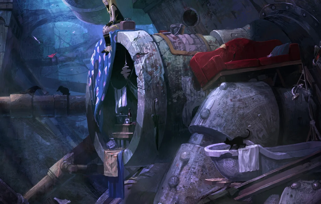 Photo wallpaper cat, girl, pipe, gravity daze