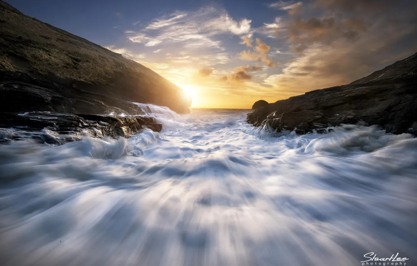 Photo wallpaper wave, the ocean, rocks, morning