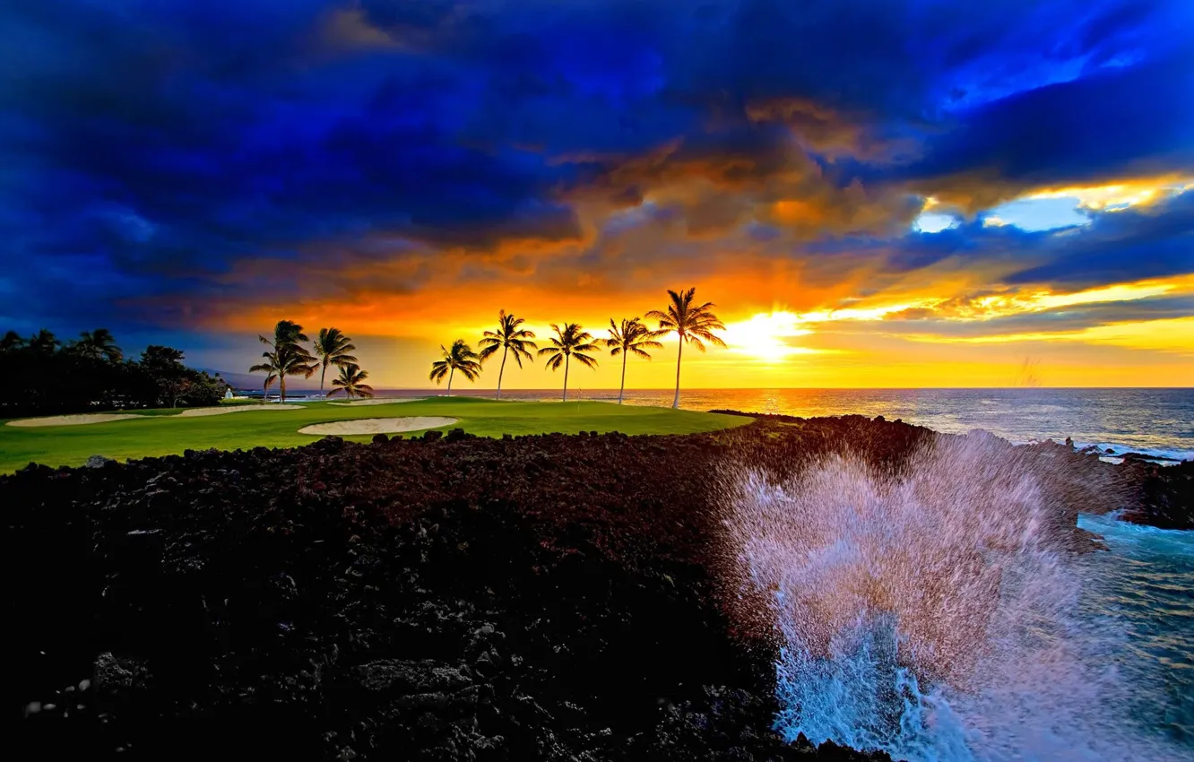 Photo wallpaper wave, the sky, clouds, sunset, squirt, palm trees, the ocean, dawn