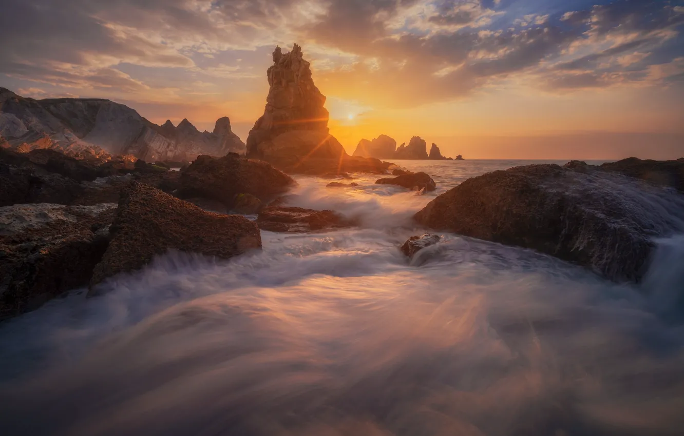 Photo wallpaper sea, sunset, the ocean, rocks, coast, Spain, Spain, Costa Quebrada