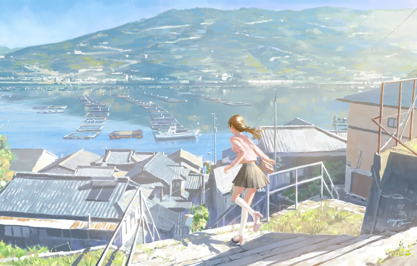 Photo wallpaper sea, girl, nature, hills, home, ladder