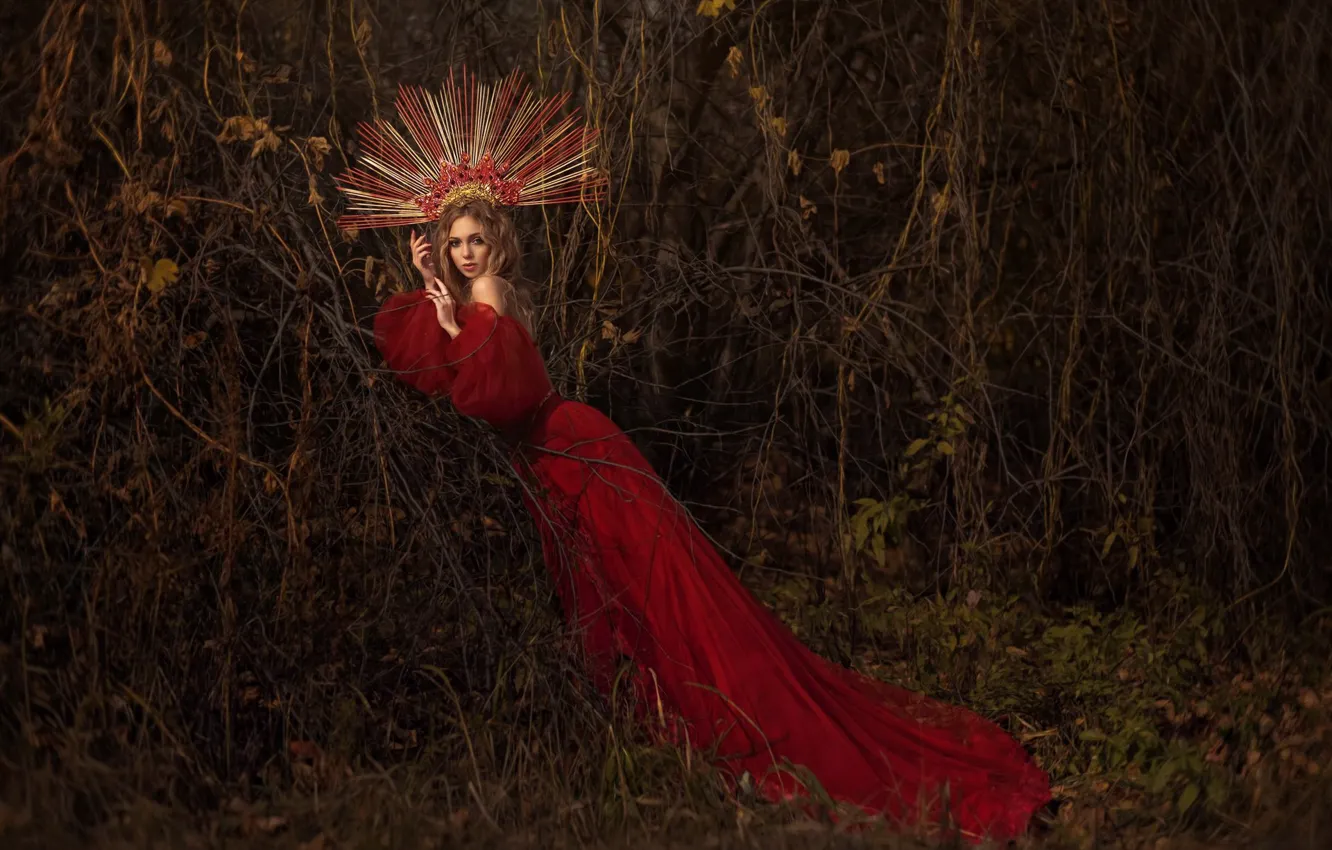 Photo wallpaper autumn, forest, girl, branches, nature, pose, style, thickets