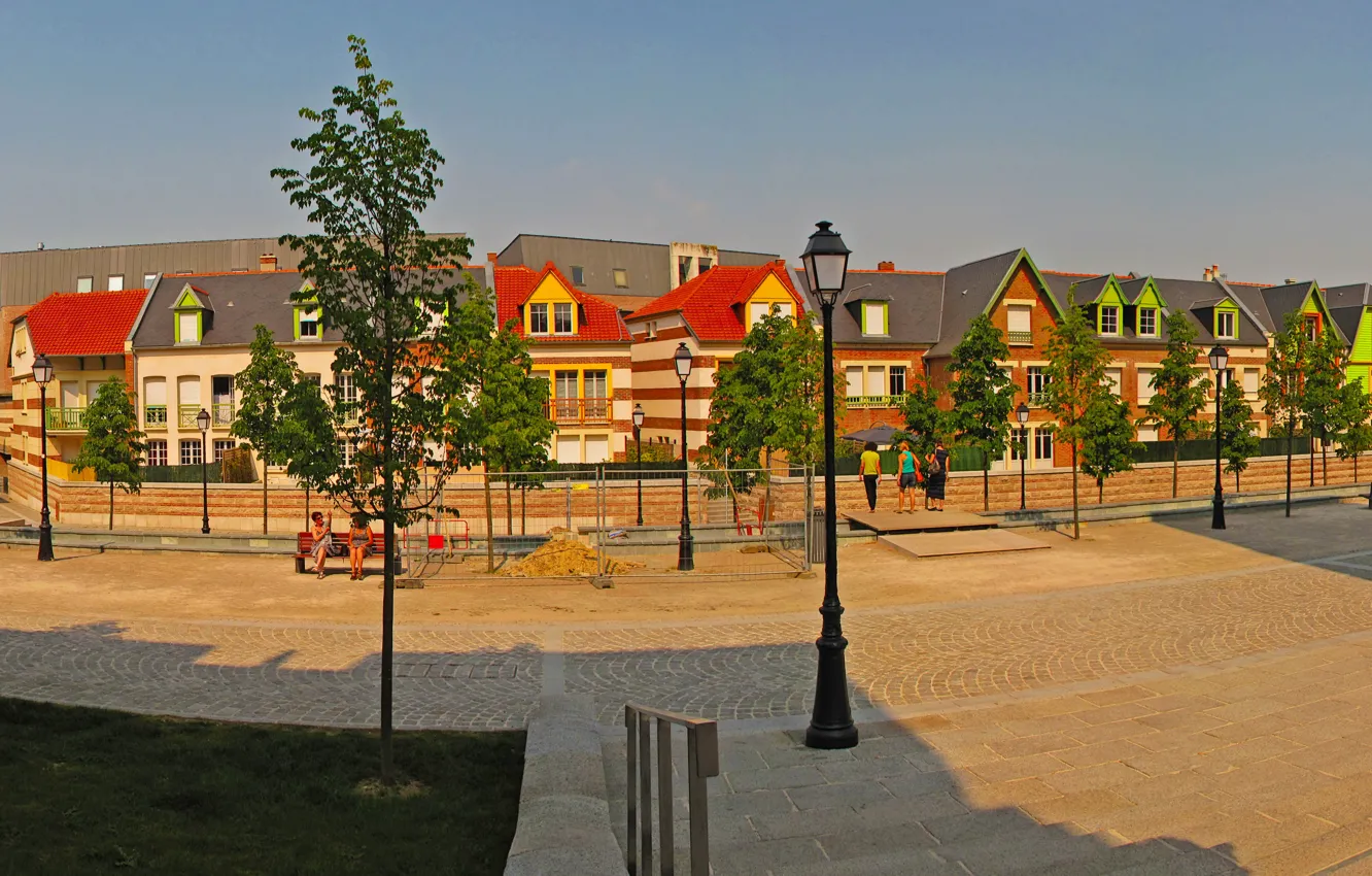 Photo wallpaper trees, street, France, home, lights, Amiens