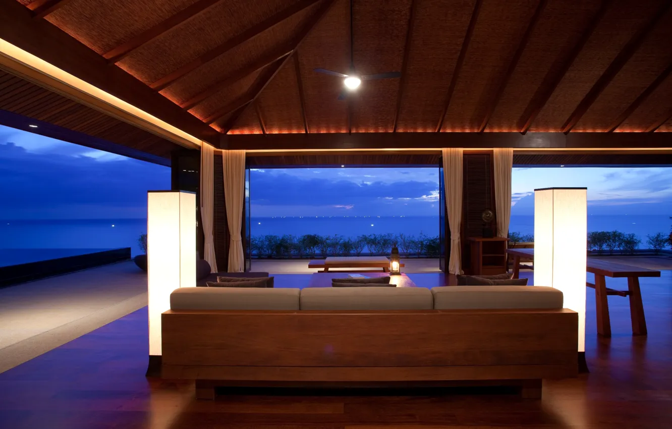 Photo wallpaper design, style, the ocean, Villa, view, interior, lamp, living space