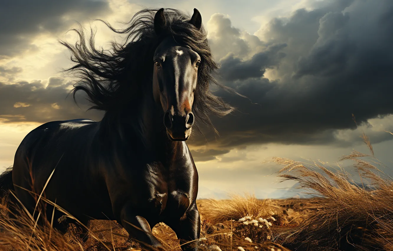 Photo wallpaper field, the sky, look, face, clouds, nature, pose, horse