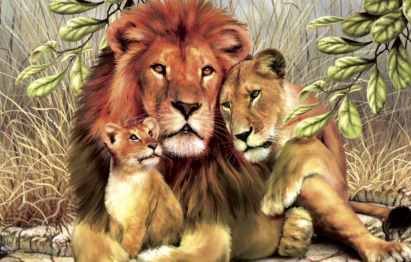 Photo wallpaper leaves, Lions, family