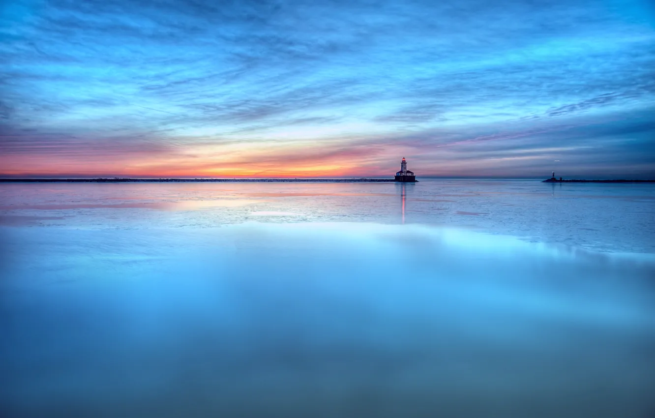 Photo wallpaper sea, the sky, water, clouds, sunset, surface, blue, the evening
