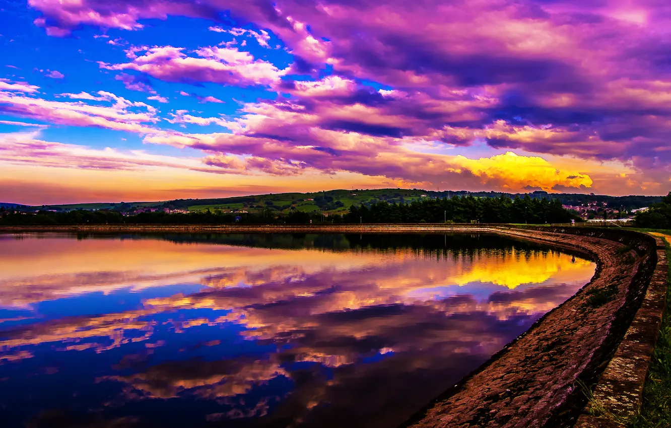 Photo wallpaper the sky, clouds, lake, reflection, shore, glow