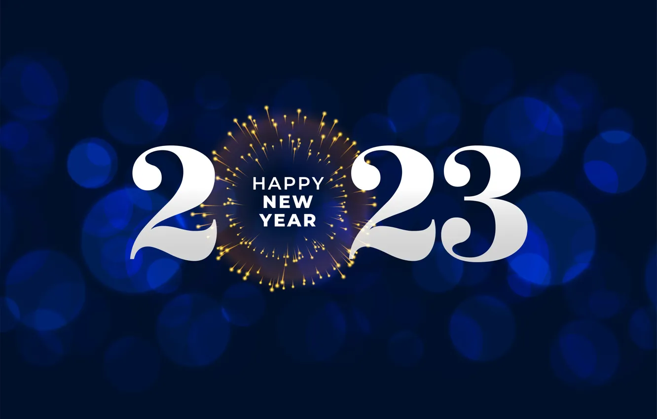 Photo wallpaper circles, the inscription, new year, salute, figures, fireworks, white, blue background