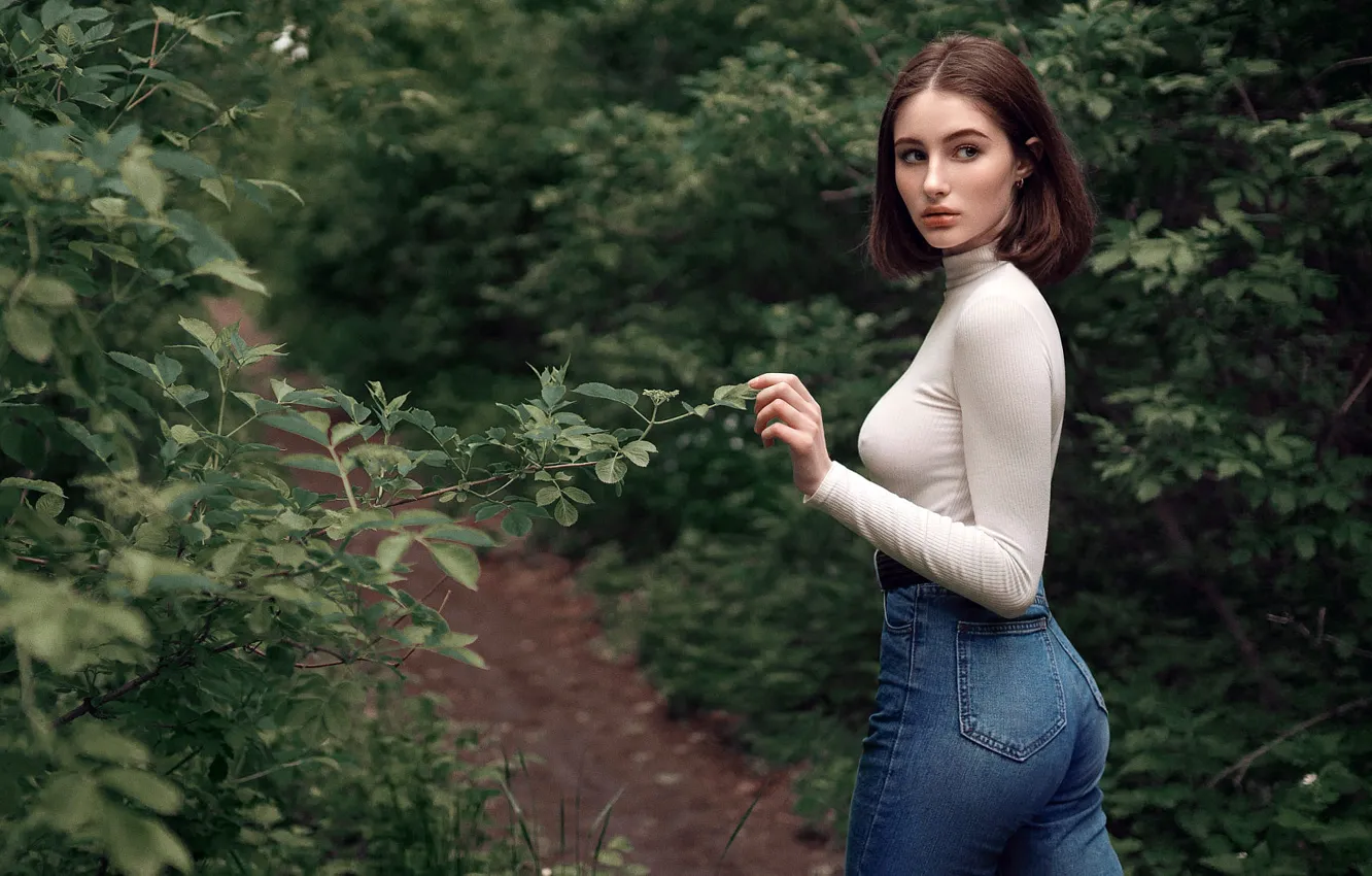 Photo wallpaper ass, jeans, Alina, figure, hairstyle, brown hair, blouse, jacket
