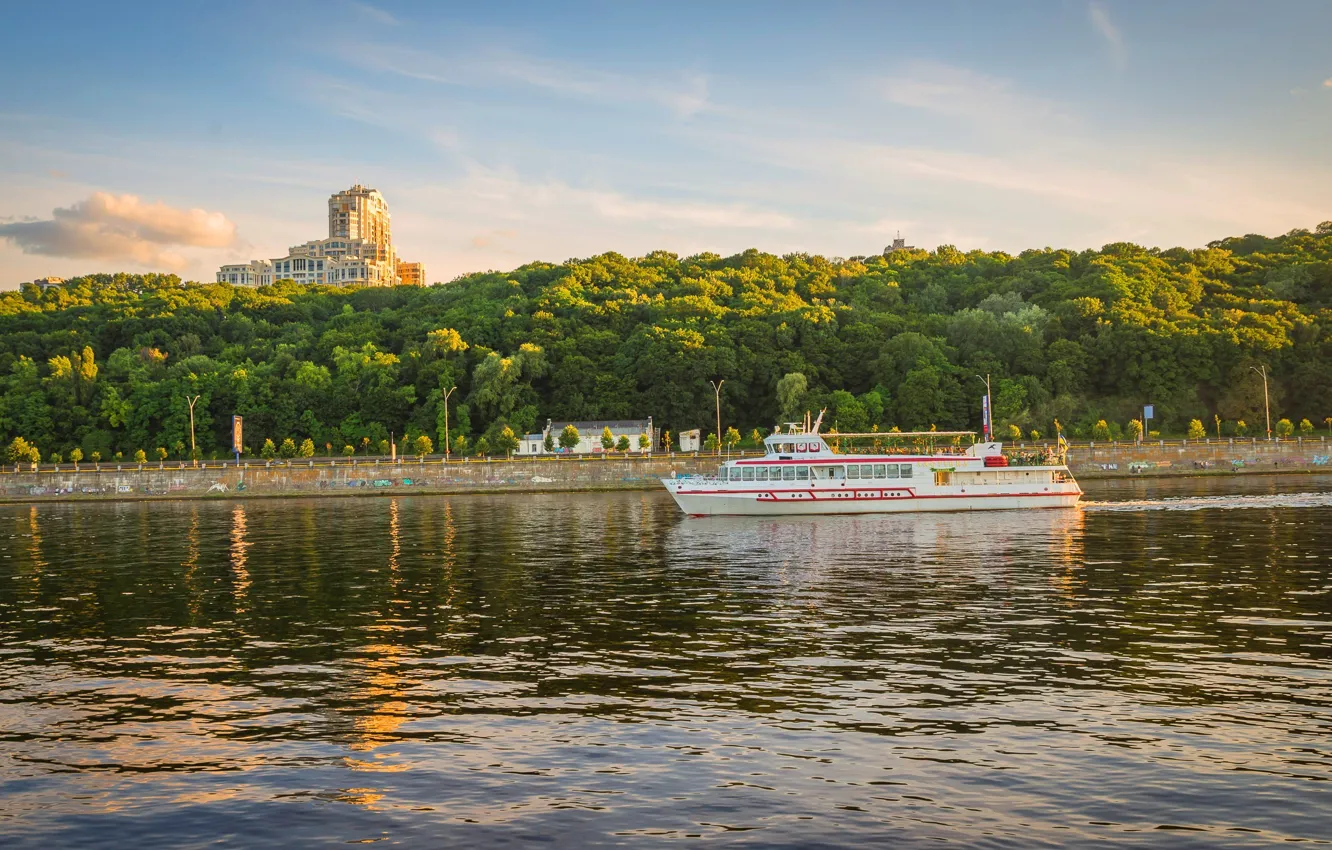 Photo wallpaper the sky, clouds, trees, river, home, Ukraine, Kiev, ship