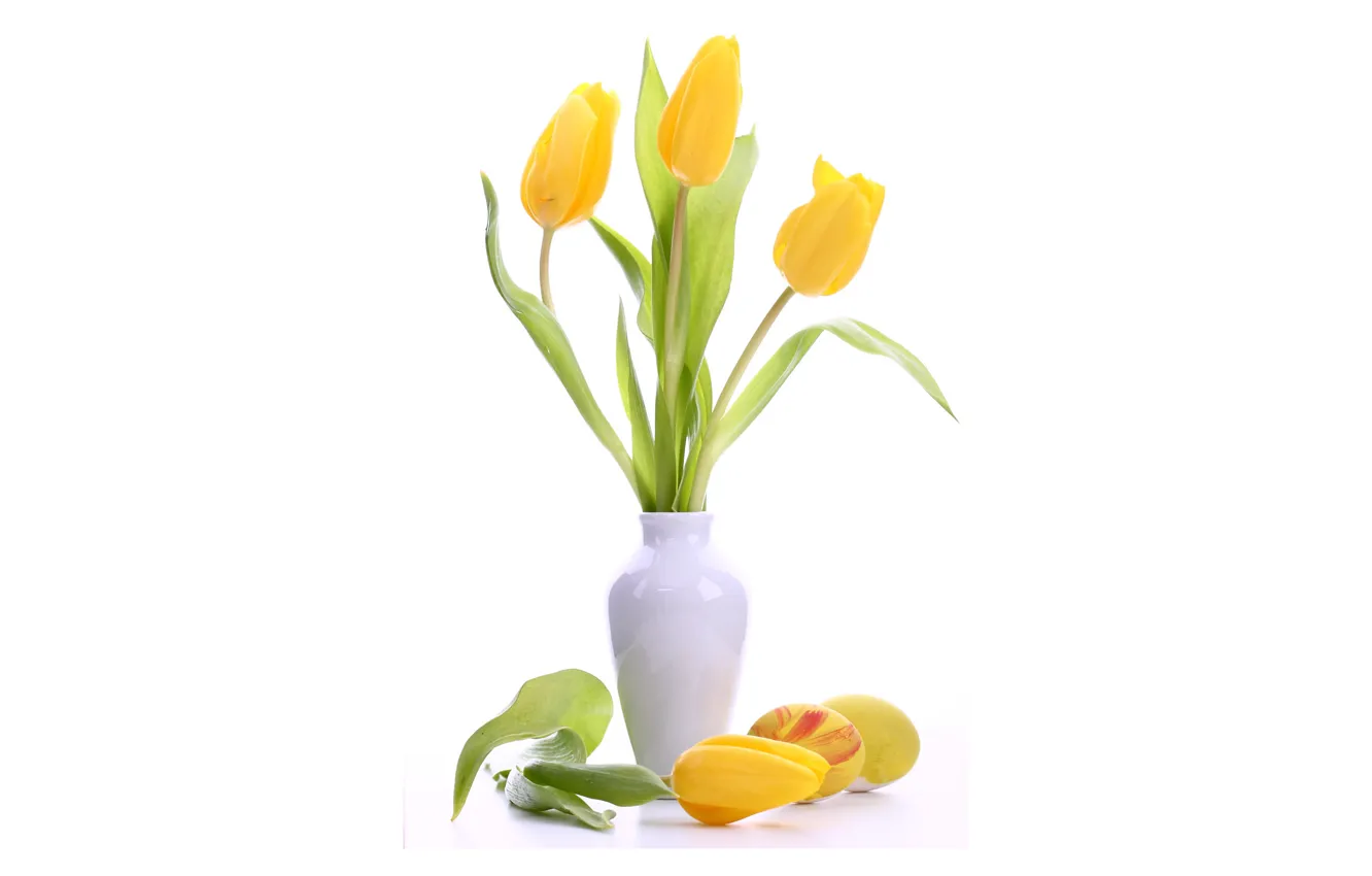 Photo wallpaper flowers, eggs, yellow, Easter, tulips, white, vase