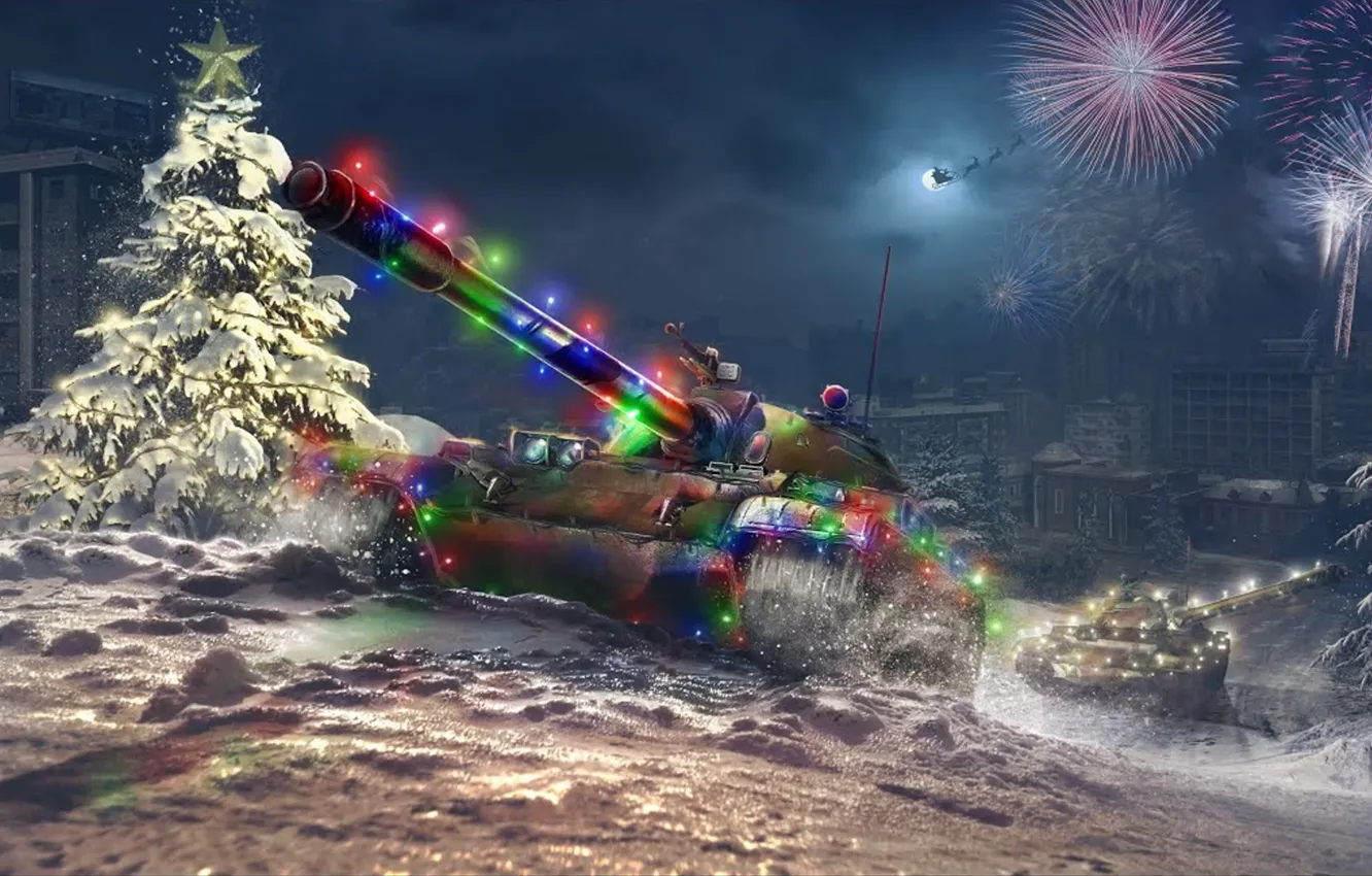 Photo wallpaper winter, snow, the city, new year, home, salute, Christmas, tank