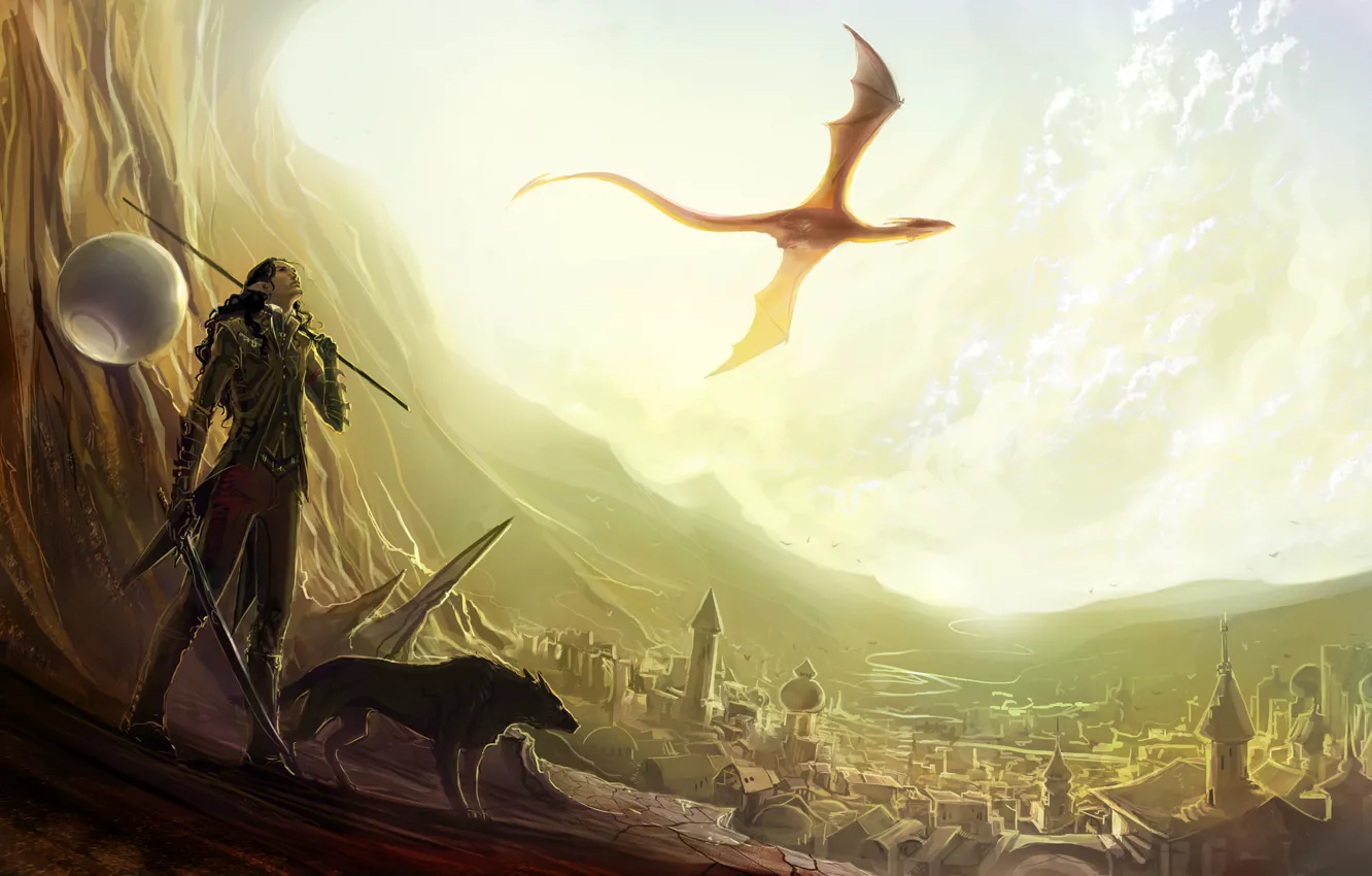 Photo wallpaper flight, mountains, the city, river, weapons, dragon, elf, building