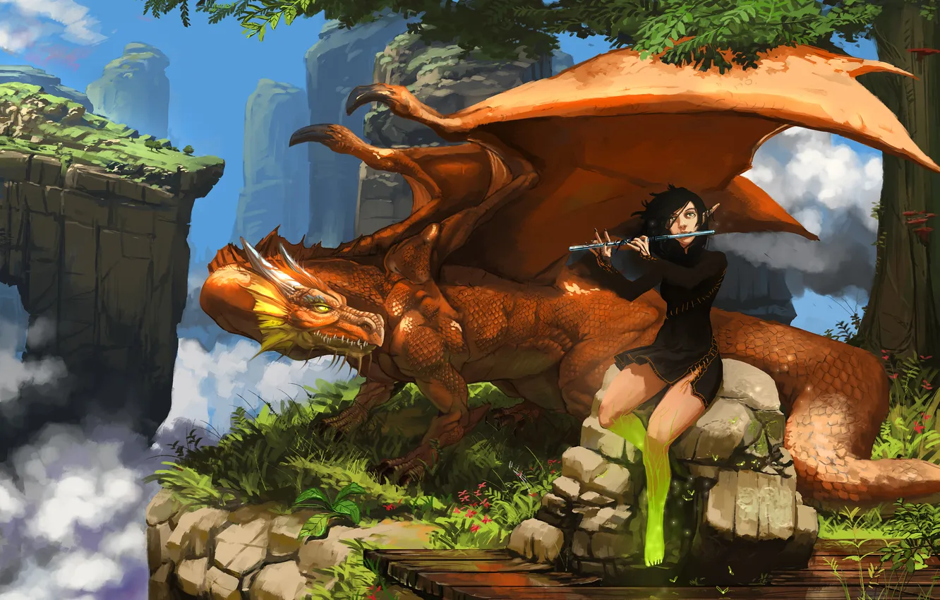 Photo wallpaper girl, clouds, mountains, dragon, height, art, elf, musical instrument