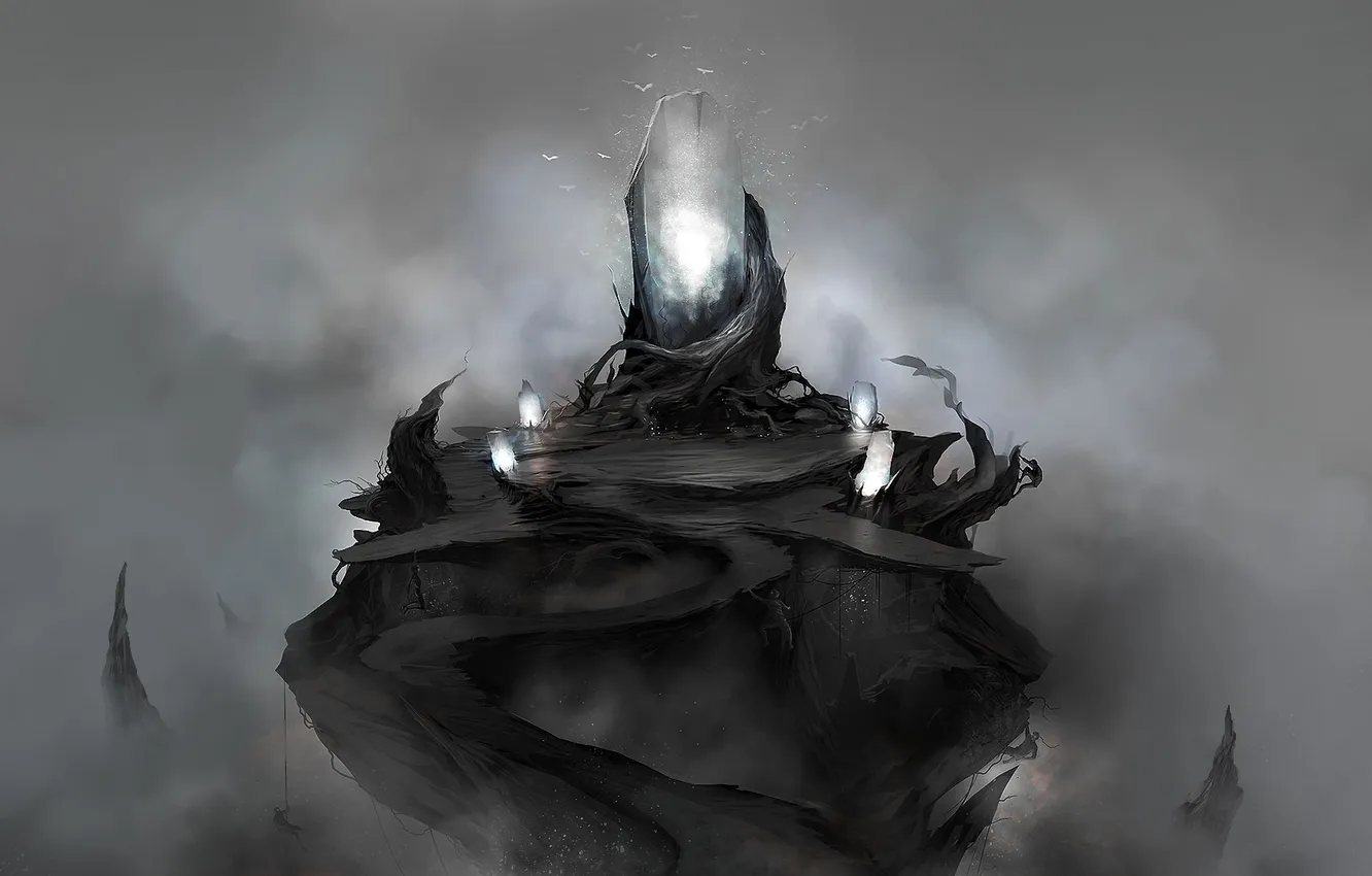 Photo wallpaper roots, fog, rocks, bird, magic, people, art, trunk