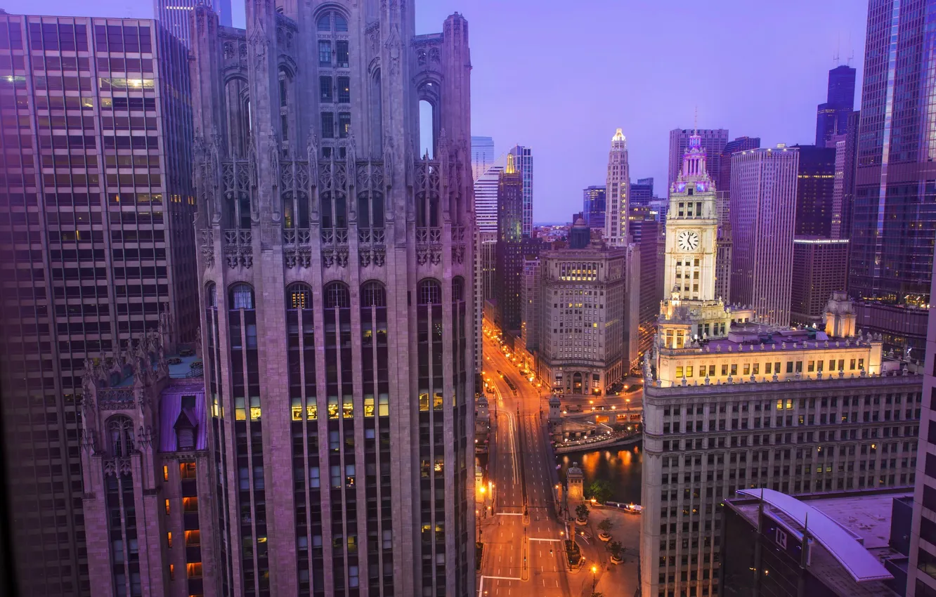 Photo wallpaper lights, building, skyscrapers, the evening, Chicago, USA, America, Chicago