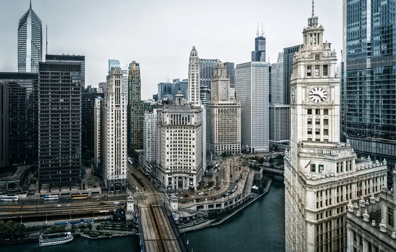 Photo wallpaper bridge, the city, river, home, Chicago, USA, Illinois
