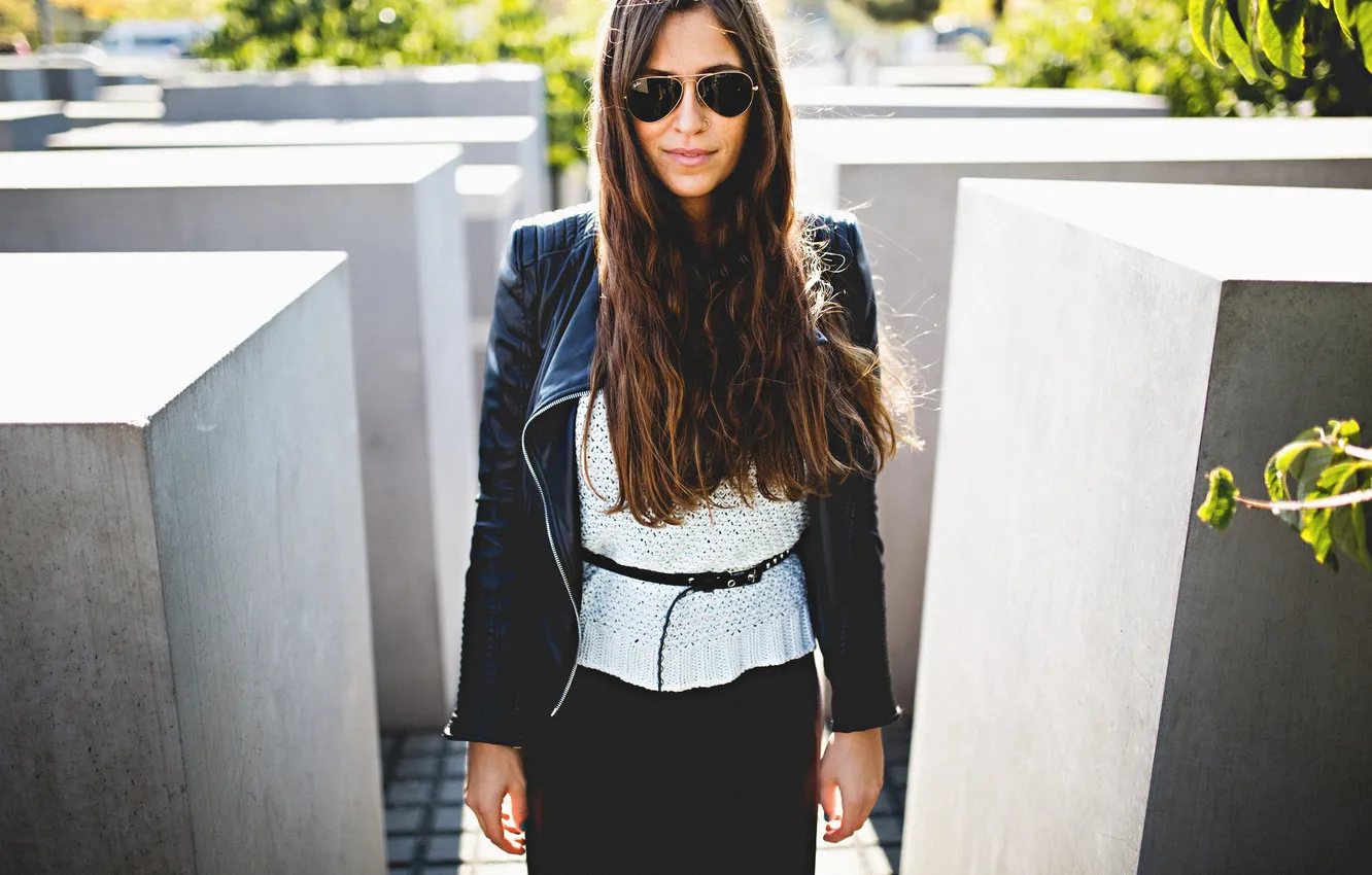 Photo wallpaper girl, brunette, glasses, kozhanka