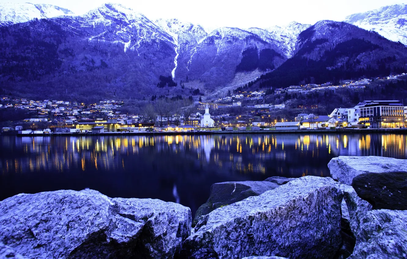 Photo wallpaper snow, mountains, the city, river, stones