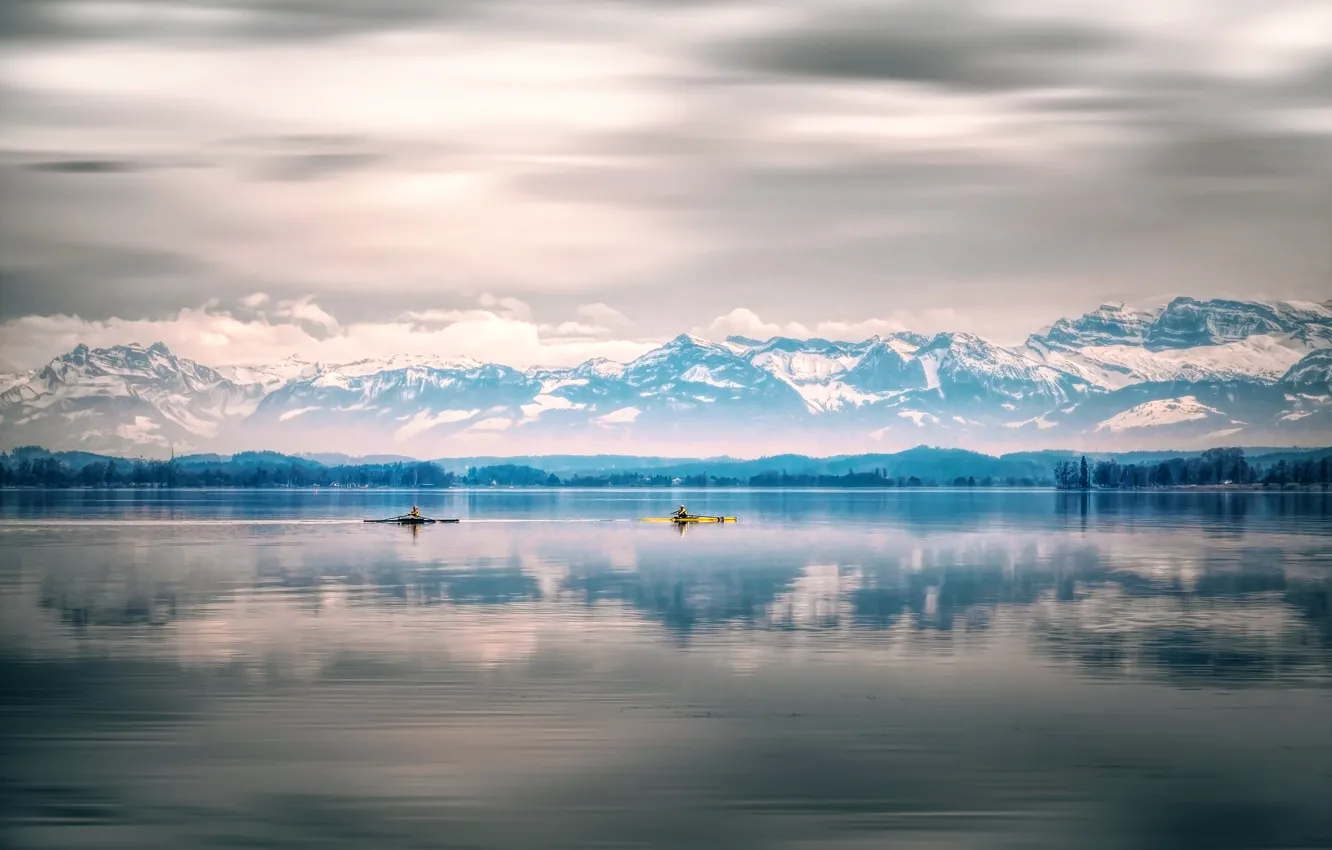 Photo wallpaper mountains, lake, boats, floating