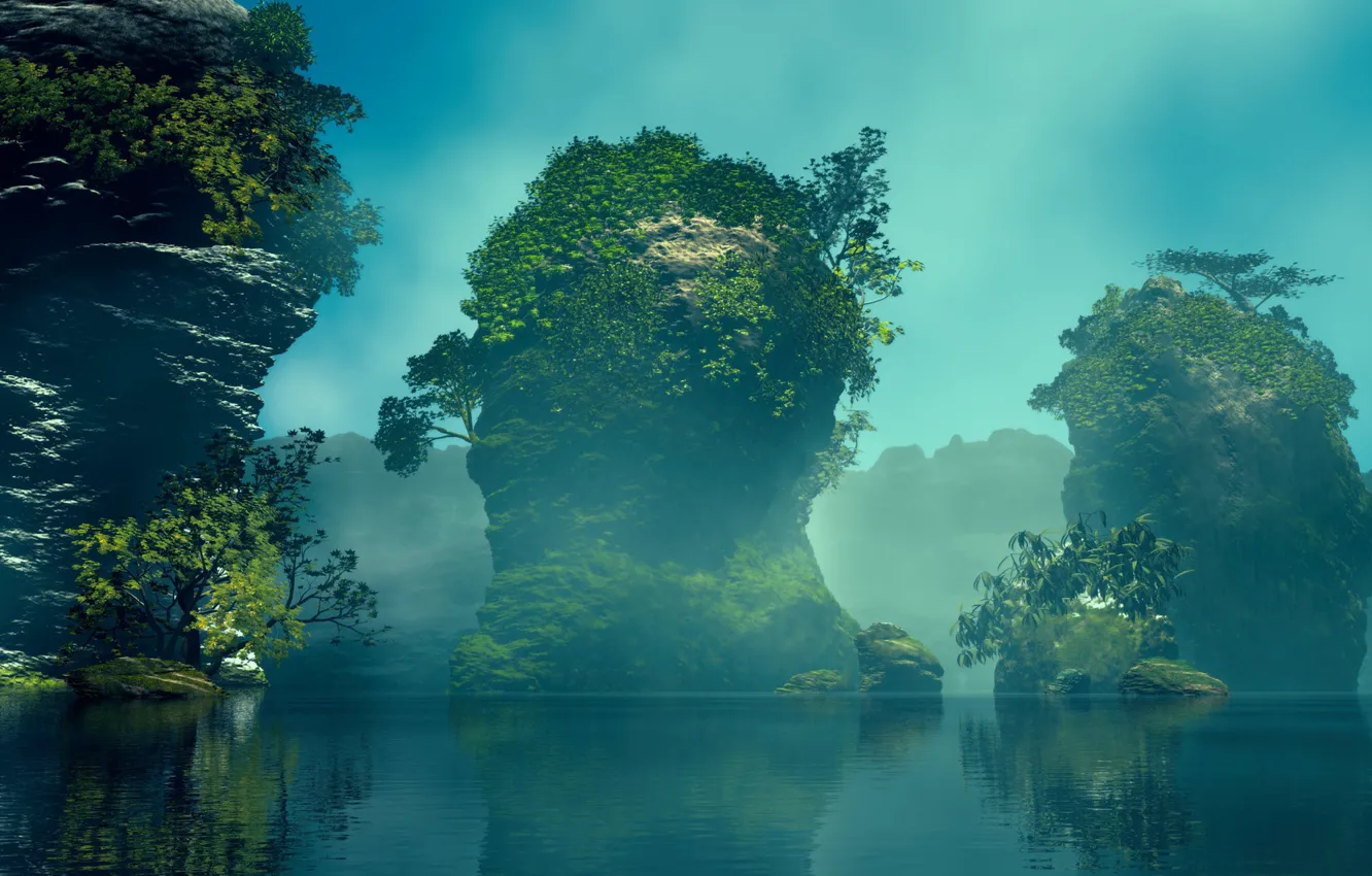 Photo wallpaper water, rocks, vegetation, pond, Green Rocks