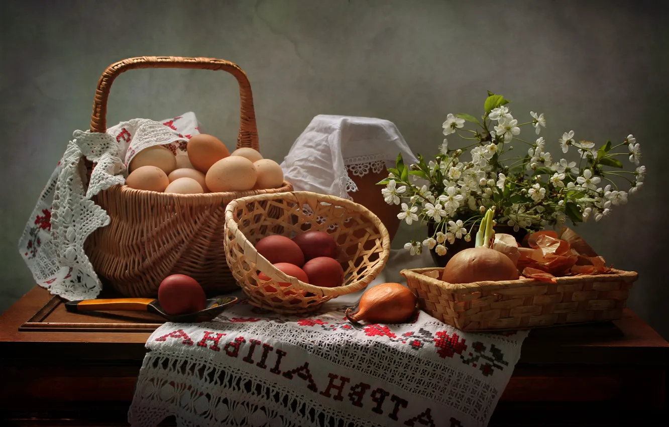 Photo wallpaper branches, cherry, table, holiday, basket, eggs, milk, bow