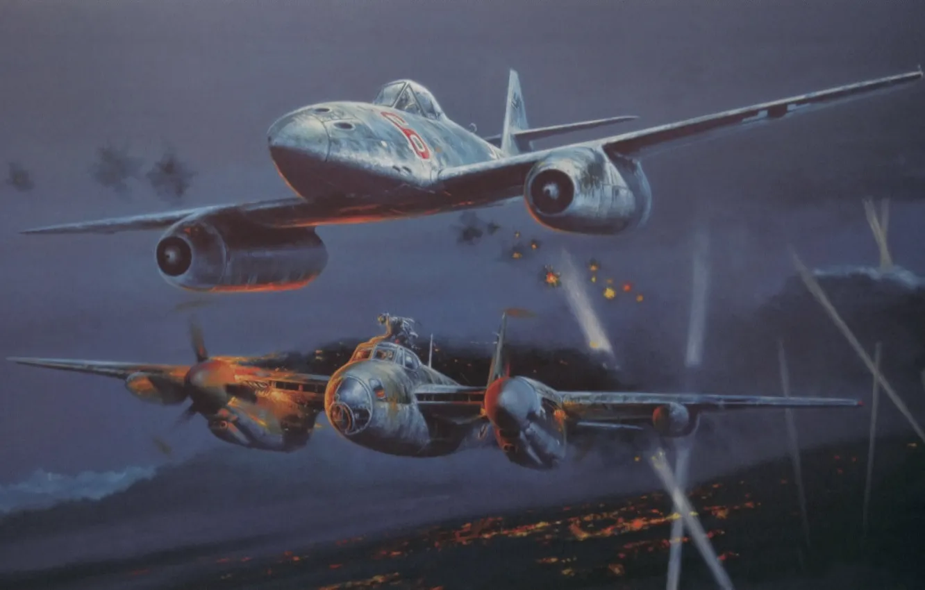 Photo wallpaper war, art, painting, aviation, WW2, De Havilland Mosquito, Messerschmitt Me 262, Night Fighter