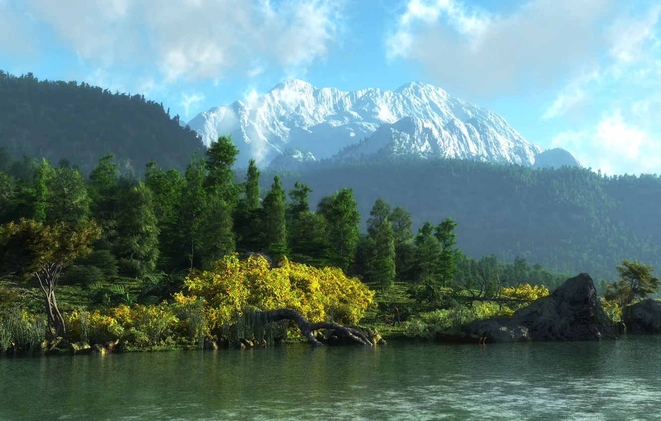 Photo wallpaper forest, landscape, mountains, river