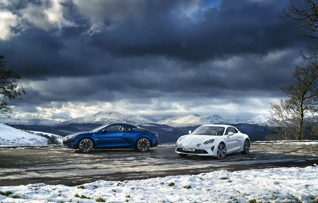 Photo wallpaper winter, auto, the sky, snow, mountains, Renault, Alpine, A110