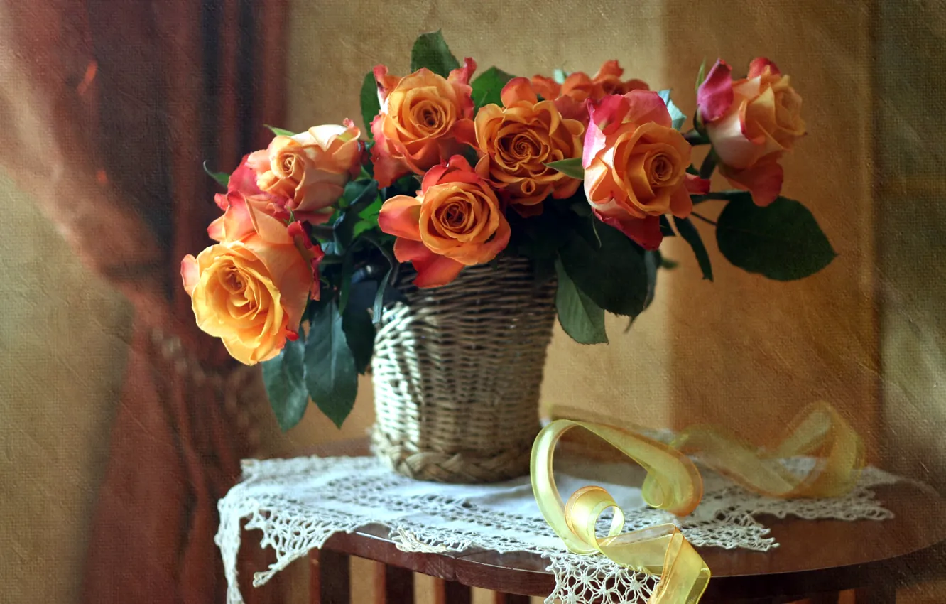 Photo wallpaper basket, roses, bouquet, texture, tape, napkin