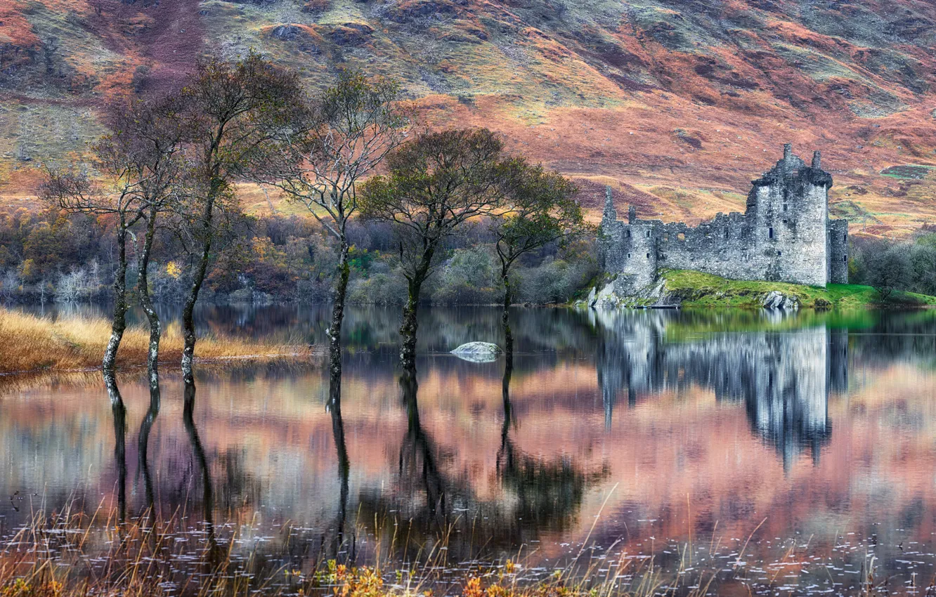 Photo wallpaper autumn, water, castle, hills, slope, Scotland, ruins