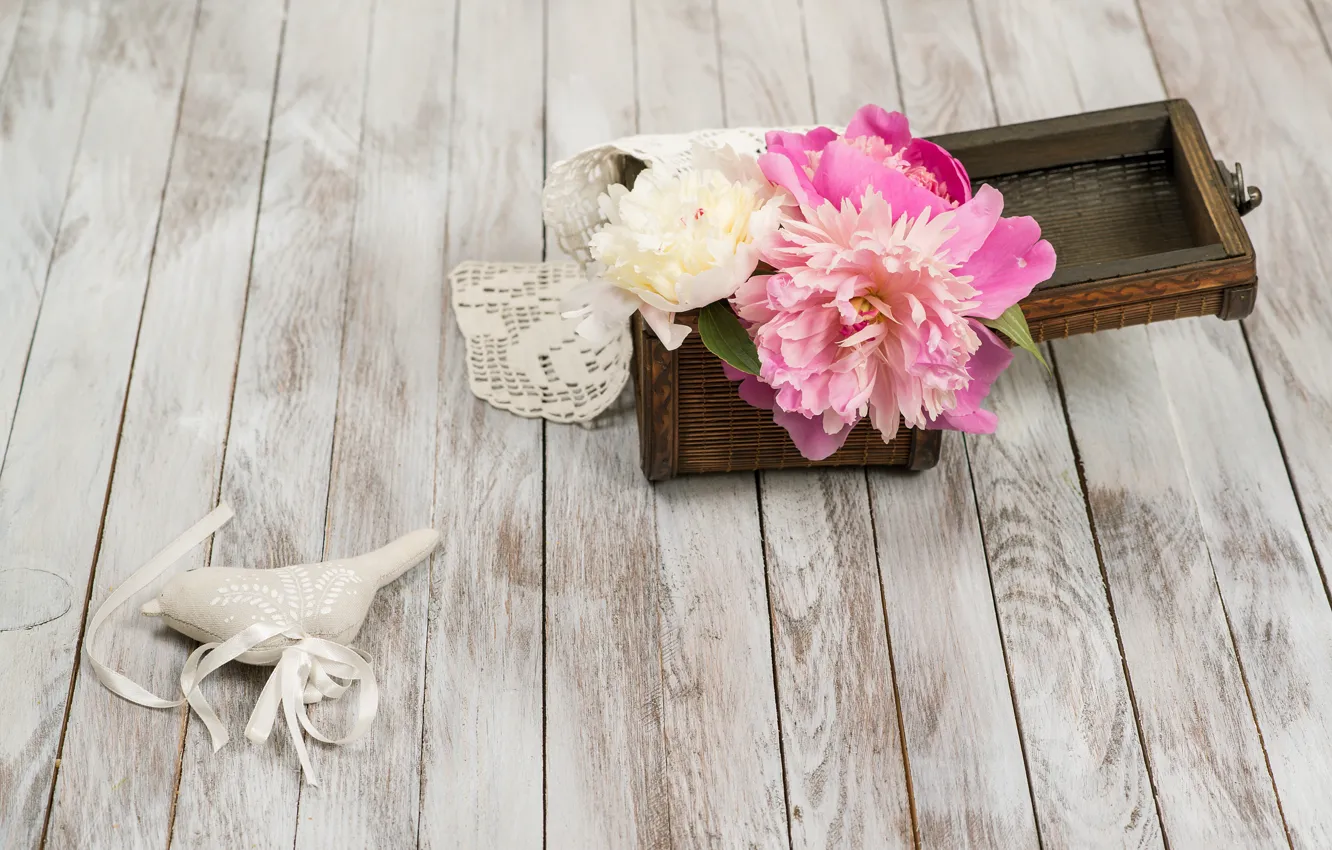 Photo wallpaper white, buds, wood, pink, flowers, romantic, peonies, peonies
