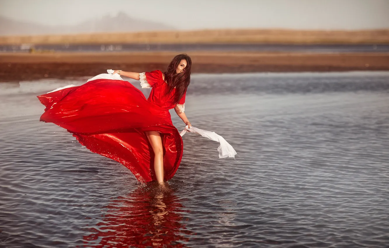 Photo wallpaper water, girl, mood, red dress, Alyona Yakovleva