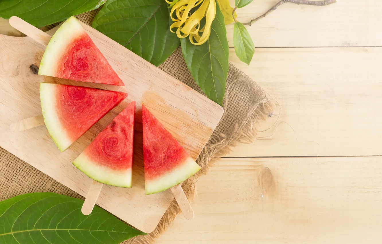 Photo wallpaper leaves, berries, Board, sticks, watermelon, slices