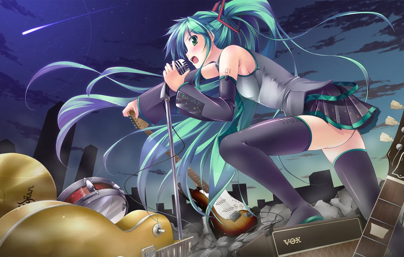 Photo wallpaper the sky, girl, stars, night, guitar, home, art, microphone