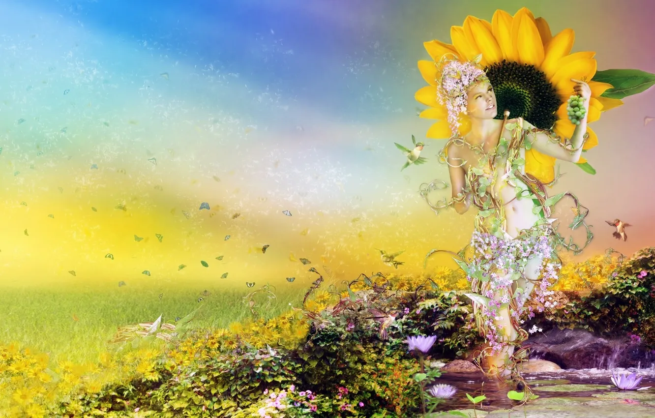 Photo wallpaper girl, sunflowers, flowers, nature, life, pond, bird, butterfly