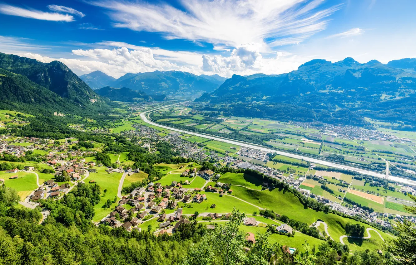 Photo wallpaper mountains, village, Liechtenstein