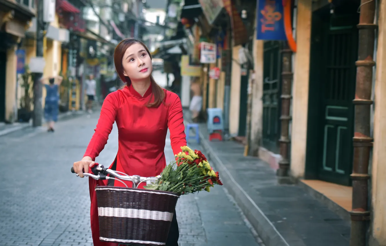 Photo wallpaper girl, flowers, bike, face, street, basket, Asian