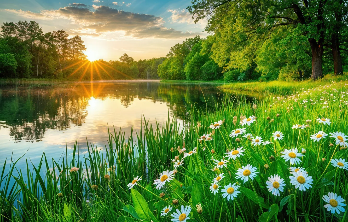 Photo wallpaper forest, chamomile, pond, AI art, neural network