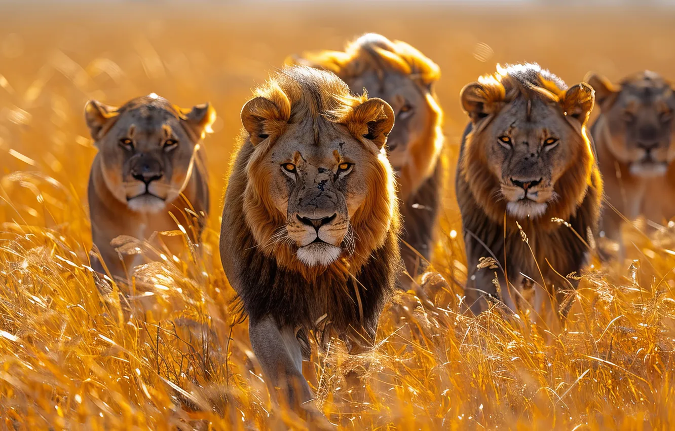 Photo wallpaper grass, look, predator, Leo, front, big cats, digital art, AI art