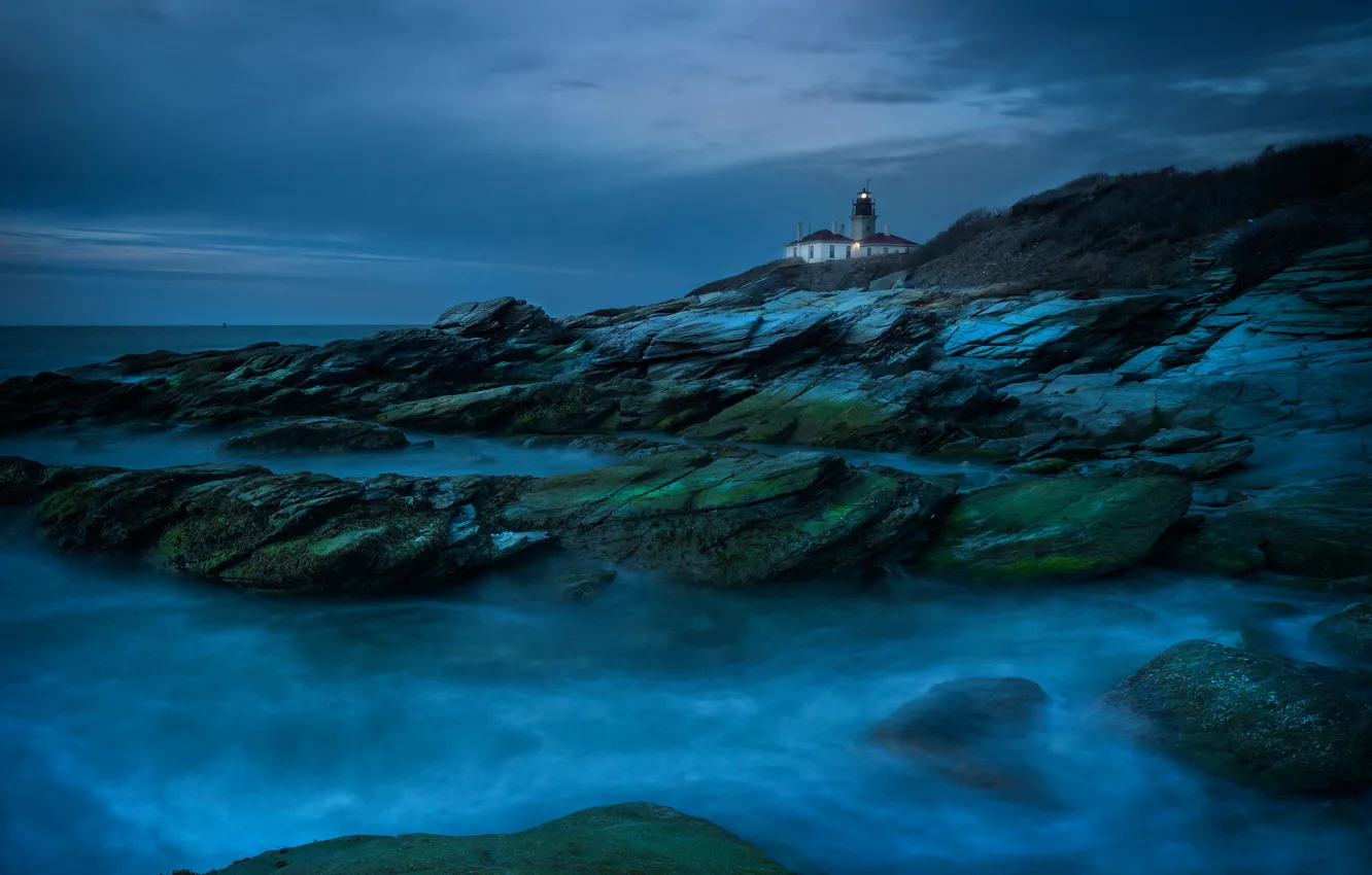 Photo wallpaper sea, night, blue, lights, rocks, lighthouse, twilight