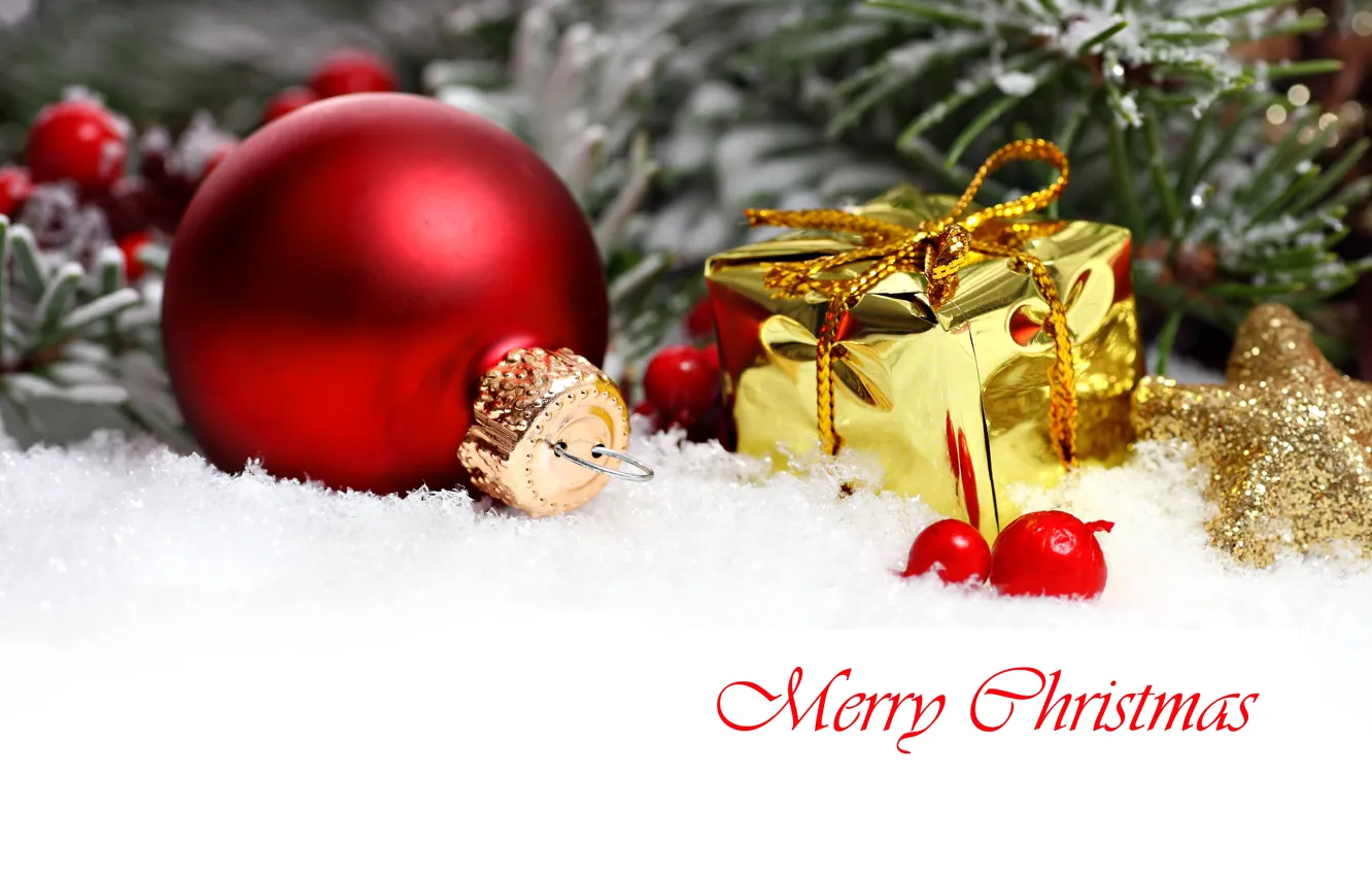 Photo wallpaper stars, snow, decoration, cherry, gift, balls, new year, balls